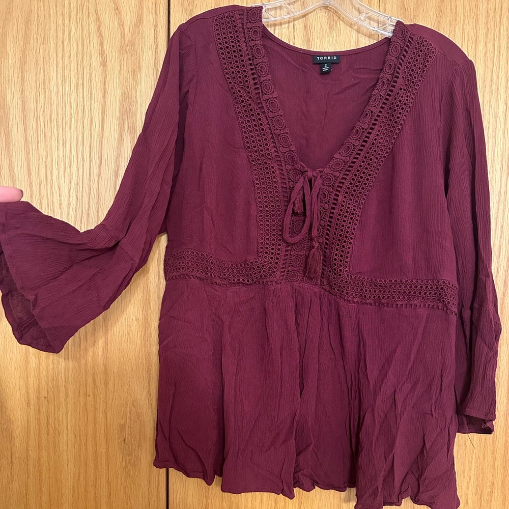Torrid Berry V-Neck Blouse w/ Bell 3/4 Sleeves
